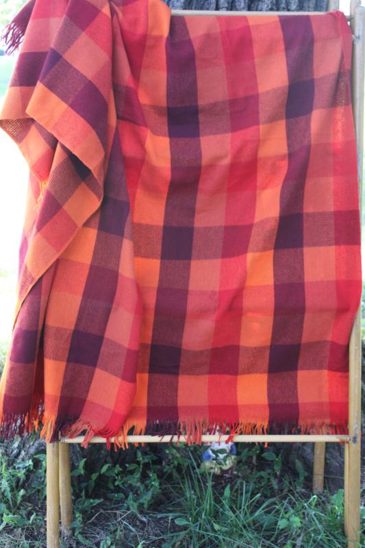 vintage wool throw blanket, fringed woven checked squares in flame red, orange, plum