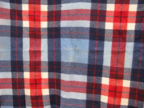 vintage wool throw, camp blanket plaid in red / blue / white