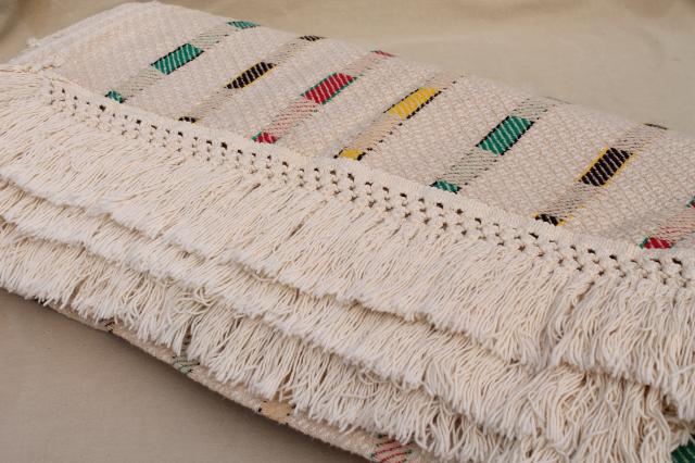 vintage woven cotton coverlet, fringed bedspread striped Hudson Bay camp blanket colors