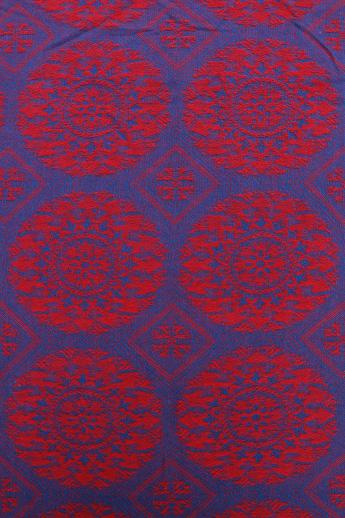 vintage woven cotton coverlet, vivid blue & red bedspread / bed cover