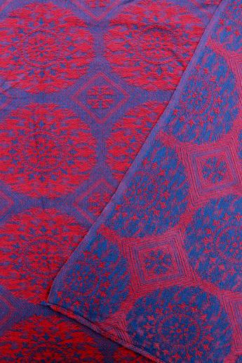 vintage woven cotton coverlet, vivid blue & red bedspread / bed cover