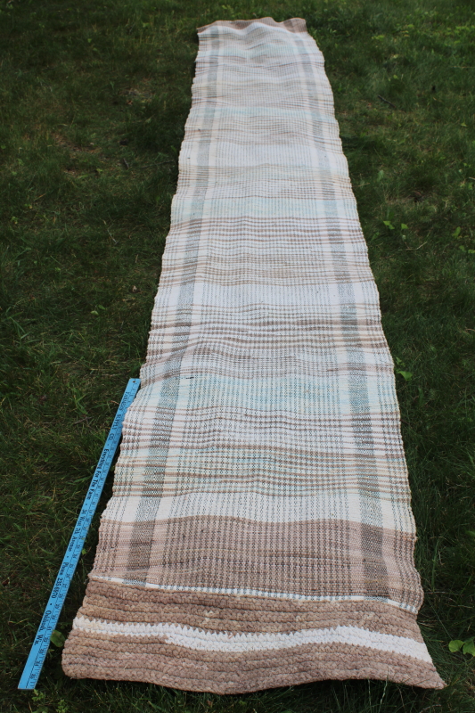 vintage woven cotton rag rug, brown tan long runner for farmhouse kitchen entry or stairs