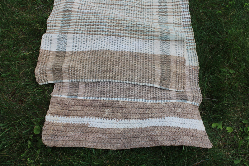 vintage woven cotton rag rug, brown tan long runner for farmhouse kitchen entry or stairs