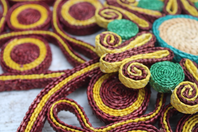 vintage woven straw trivets, colorful raffia flower mandalas boho style wall art kitchen decor