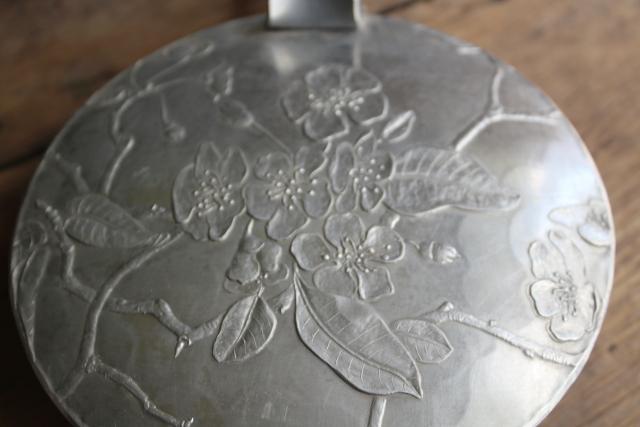 vintage wrought aluminum crumb pan, dogwood flowers pattern August Wendell forge silent butler