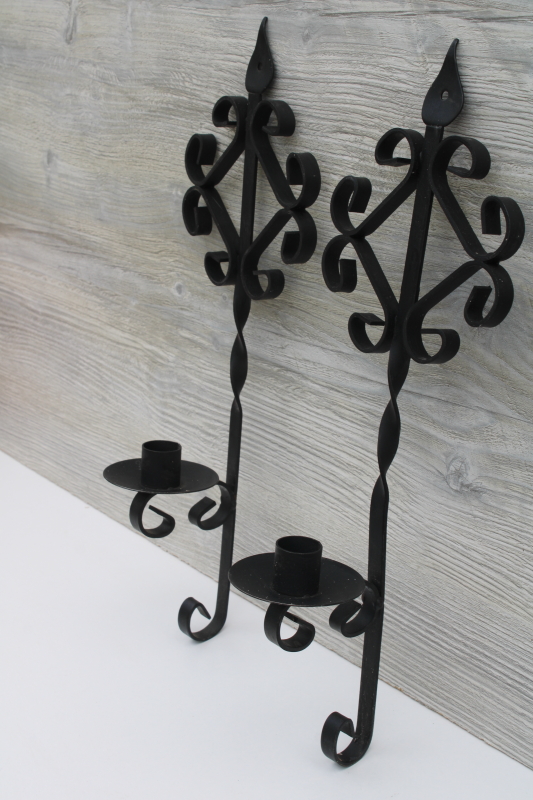 vintage wrought iron wall sconces, black metal wall hanging candle holders pair, old southwest style