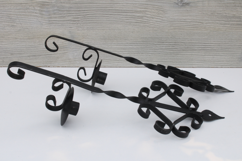 vintage wrought iron wall sconces, black metal wall hanging candle holders pair, old southwest style