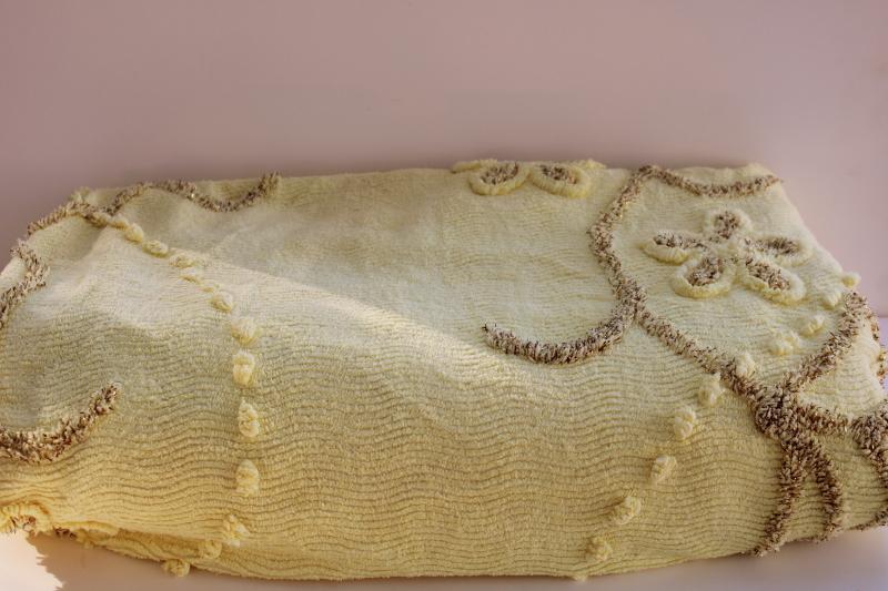 vintage yellow cotton chenille bedspread, shabby cottage chic cozy granny style 