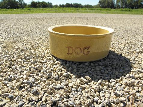 vintage yellow ware crock bowl, dish for Dog - old antique stoneware pottery