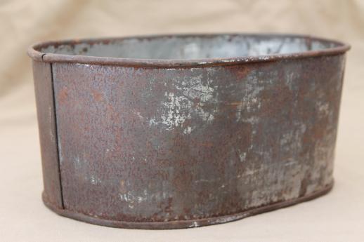 vintage zinc planter bucket, old rusty crusty primitive small metal tub