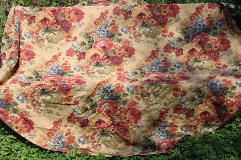 washed linen weave cotton oval tablecloth large roses floral print on flax tan, Avon Home