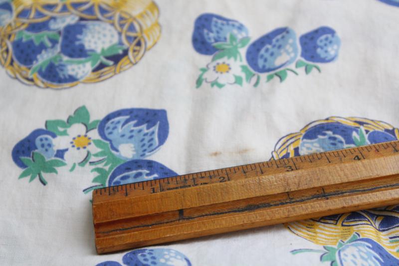 washed vintage cotton fabric, blue yellow strawberries print 1950s retro!