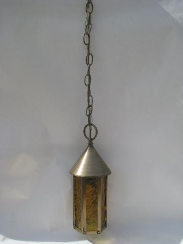weathered solid brass / amber glass lantern hanging pendant light fixtures