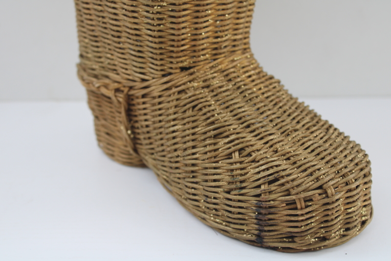 western cowboy boot vintage wicker basket vase, retro southwest decor gold glitter dusted boot
