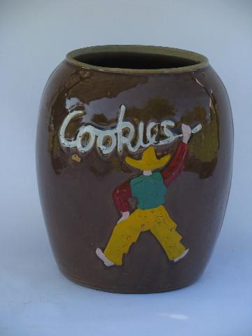 western cowboy, vintage hand-painted stoneware pottery, old crock cookie jar