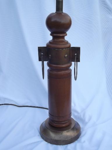 western wagon wheel vintage turned wood lamp w/ copper yoke hardware