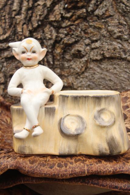 white Christmas 1950s vintage pixie, sitting Santa's elf ceramic planter pot vase