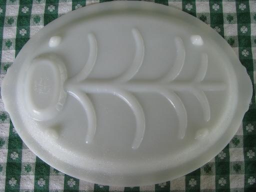 white Fire-King oven ware glass meat platter, tree and well for drippings
