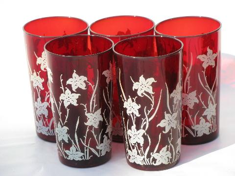 white flowers on royal ruby red glass tumblers, vintage glasses lot