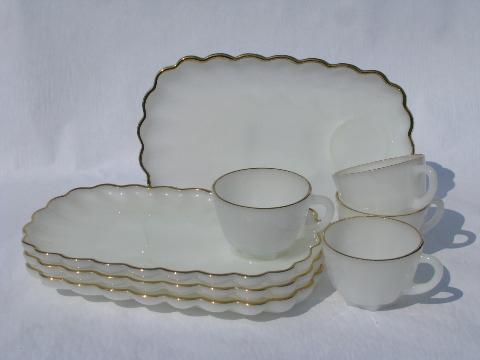 white w/ gold, shell edge star pattern vintage glass snack sets