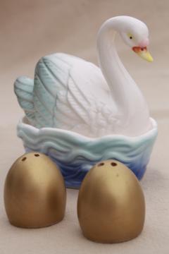 white swan on nest dish holds golden eggs, vintage Japan ceramic S&P shakers set