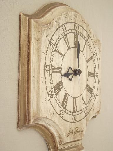 whitewash wood Seth Thomas wall clock, vintage country primitive white wash