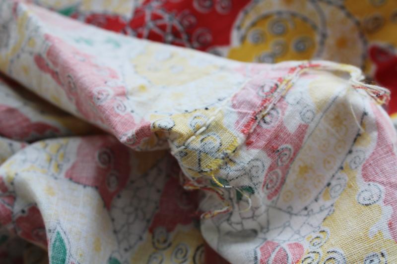 whole feedsack, vintage red yellow print cotton fabric sewn up grain bag