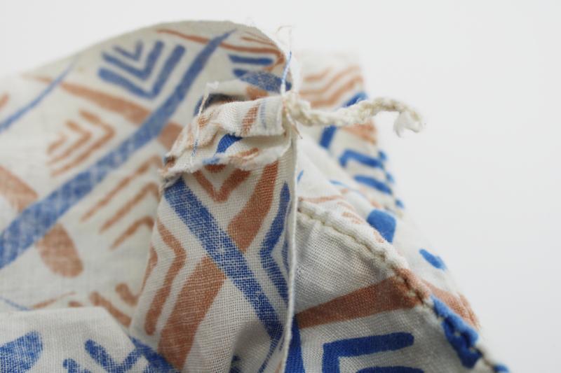 whole sack feedsack vintage cotton fabric, brush stroke print in blue & buff on white