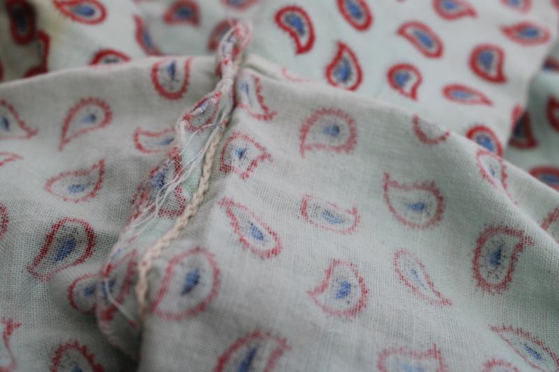 whole sack feedsack vintage cotton fabric, red & blue paisley print on seafoam green