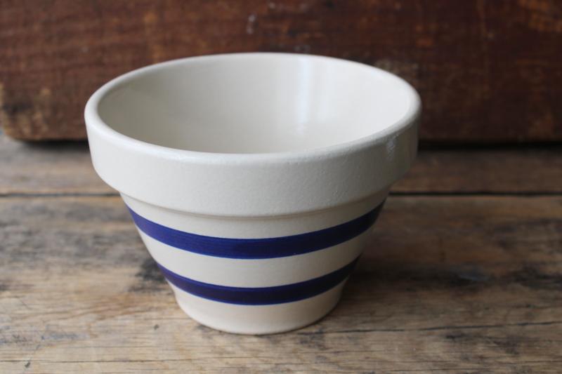 wide blue band crock bowl, vintage Robinson Ransbottom pottery stoneware