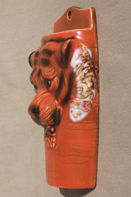 wild tiger wall pocket planters / vases, pair of retro ceramic tigers