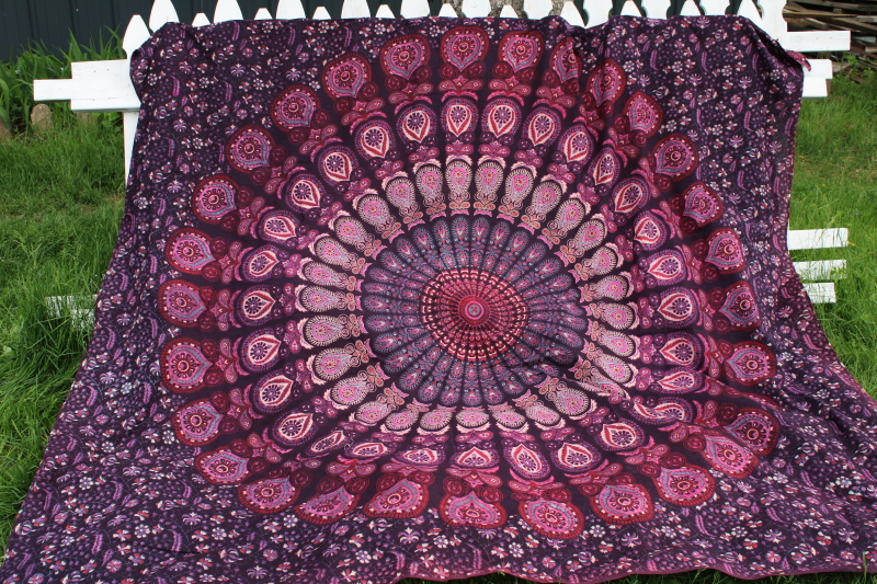 wine purple mandala India cotton fabric, retro hippie vintage tapestry curtain or bedspread