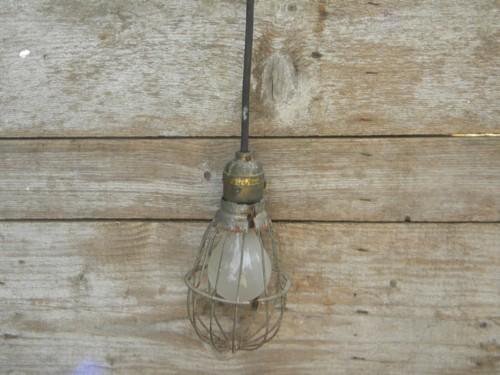 wire cage pendant light w/brass socket, early industrial vintage