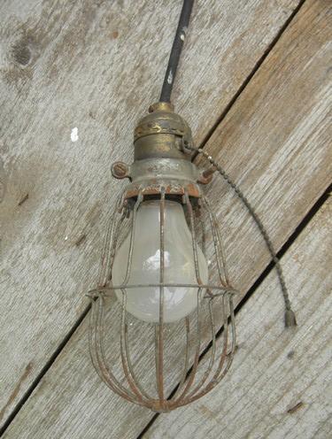 wire cage pendant light w/brass socket, early industrial vintage