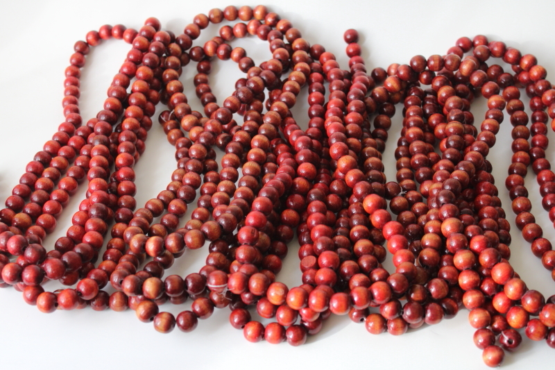 wood beads garland, red brown cranberries bead strings natural neutral rustic decor