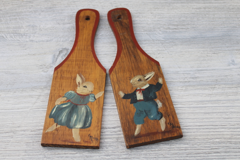 wood butter paddles hand painted artist signed vintage primitive Easter bunnies