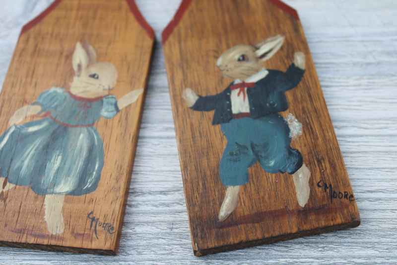wood butter paddles hand painted artist signed vintage primitive Easter bunnies
