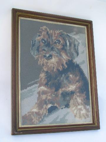 wood framed needlepoint picture, terrier dog portrait, 1940s vintage