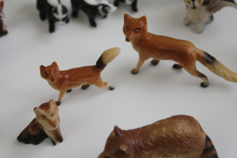 woodland animals miniatures, lot vintage china plastic critters, forest fairy garden figurines