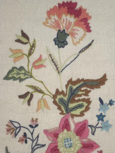 wool crewelwork embroidery, vintage crewel embroidered bell pull wall hanging