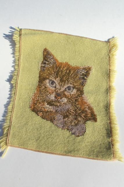 wool needlepoint canvas tabby cat kitten, vintage needlework to upcycle