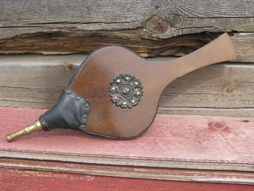 working bellows, vintage fireplace hearth tool, wood w/ brass nozzle