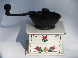 working hand-crank coffee grinder, vintage reproduction, painted design