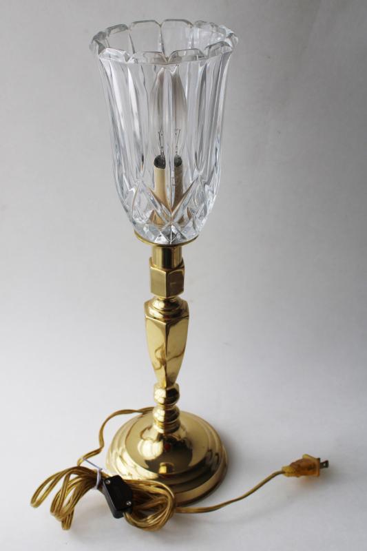 working vintage solid brass candlestick lamp w/ heavy crystal torchiere shade