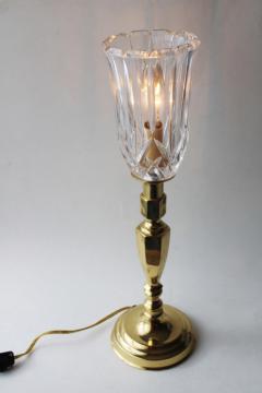 working vintage solid brass candlestick lamp w/ heavy crystal torchiere shade