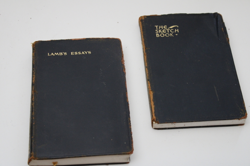 worn antique black leather bound books, 1920s vintage pocket classics Lamb Essays of Elia, Washington Irving
