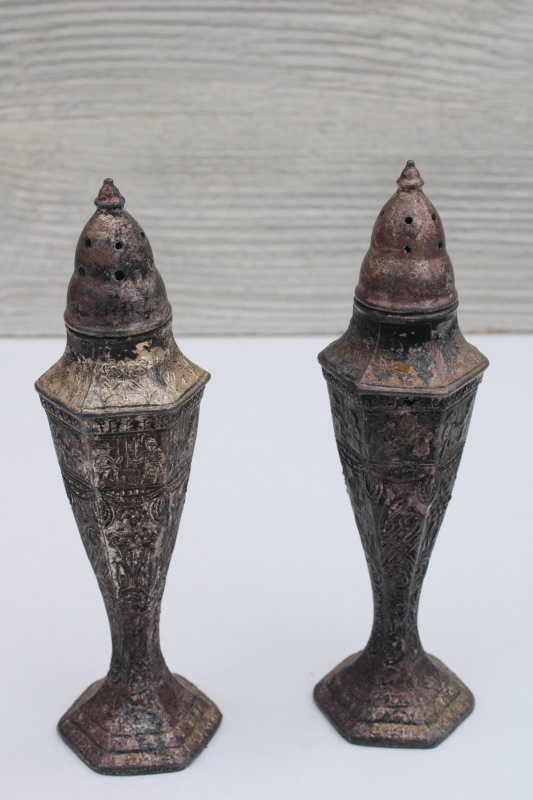 worn antique metal tall shakers, Egyptian revival vintage Cleopatra Lotus Blossom silverplate