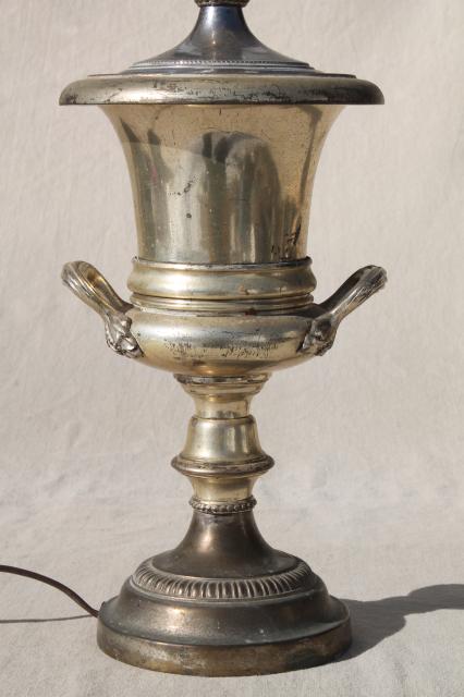 worn antique silver plate trophy cup urn table lamp, deco vintage milk glass torchiere shade