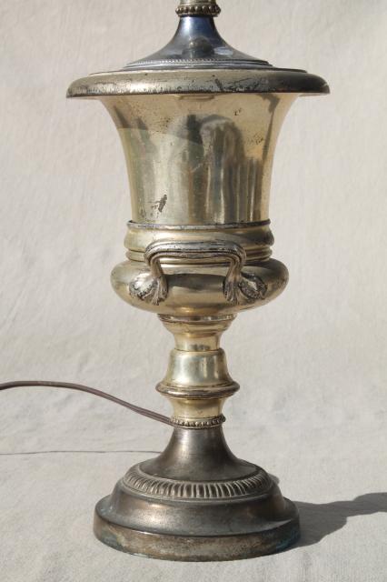 worn antique silver plate trophy cup urn table lamp, deco vintage milk glass torchiere shade