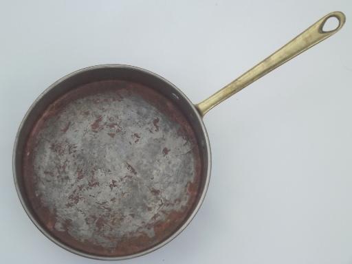 worn old copper pots & pans, vintage copper stockpot, saucepans lot